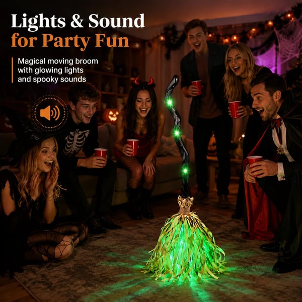 🧙‍♀️🧹Animated Moving Witch Broom with Light & Sound